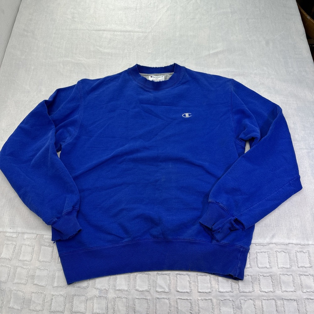 Champion Eco Authentic Royal Blue Crewneck Sweatshirt Medium Distressed Logo‎